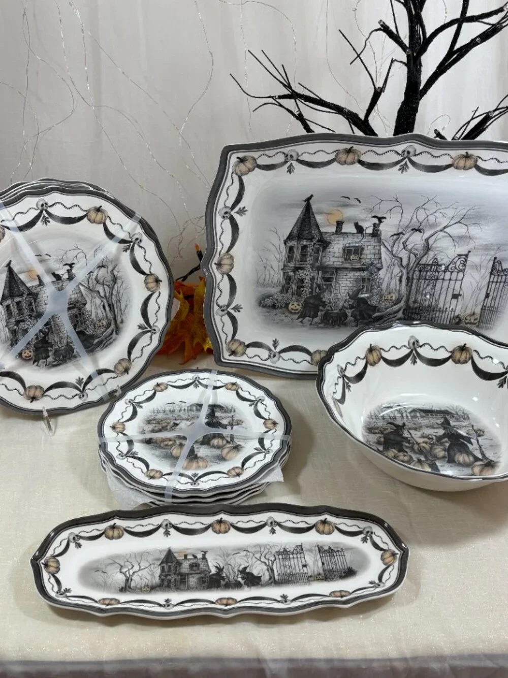 Halloween Melamine Witch Coven Cat Dinner & Salad Plates & 3 Serving 11 PC Set
